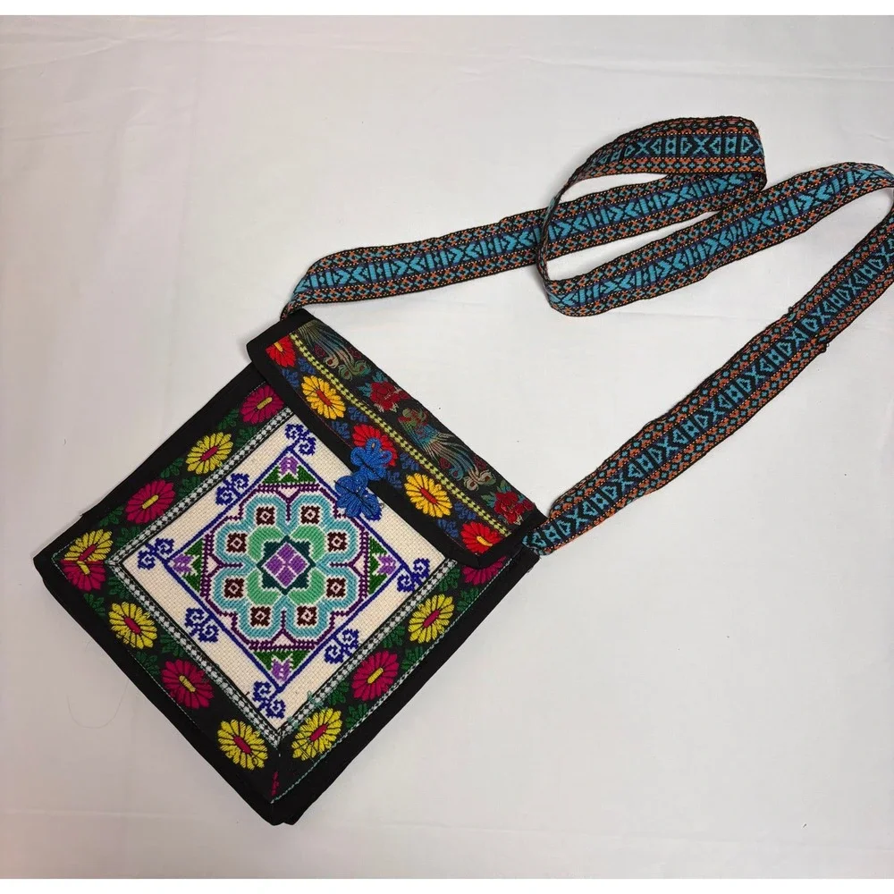 Hmong Embroidered Crossbody Bag Floral Boho Tribal Needlepoint Messenger Purse